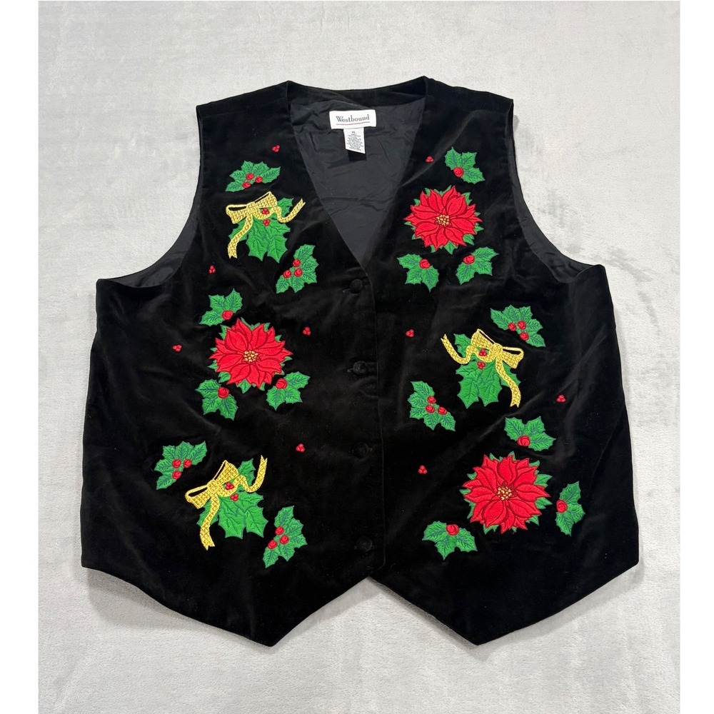 Westbound Womens Velvet Christmas Vest Poinsettia Holly Embroidered XL Black